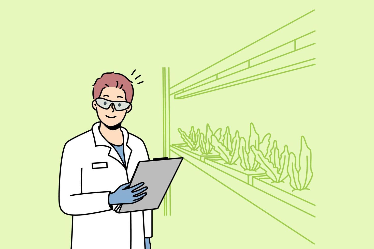 científico masculino sonriente en plantas de cultivo uniformes en laboratorio. investigador hombre feliz hacer experimentos en laboratorio o invernadero. ilustración vectorial vector