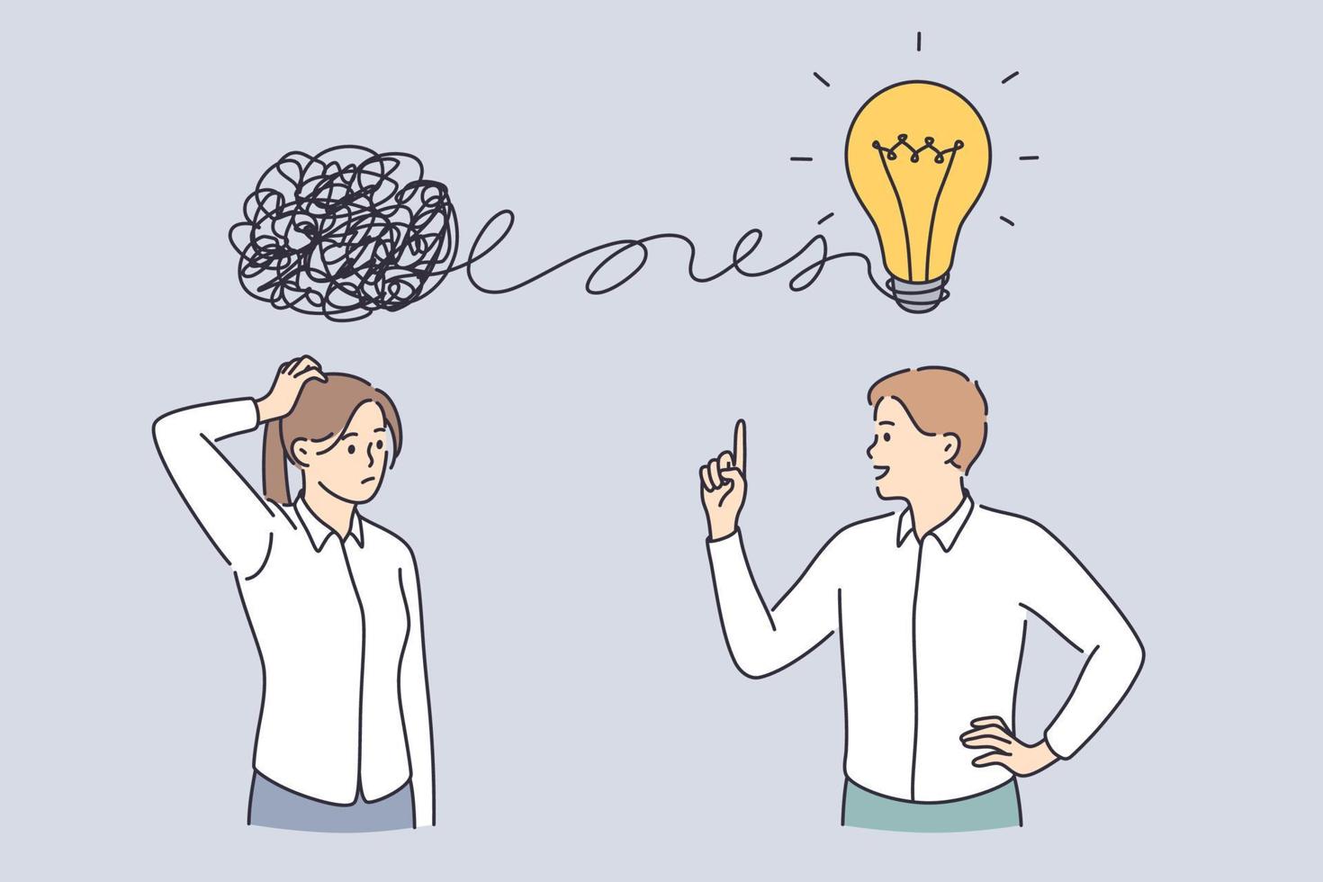 Proactive and reactive thinking, chaos and order in mind concept. Business people standing discussing work using creativity solving messy information to creative great idea together vector