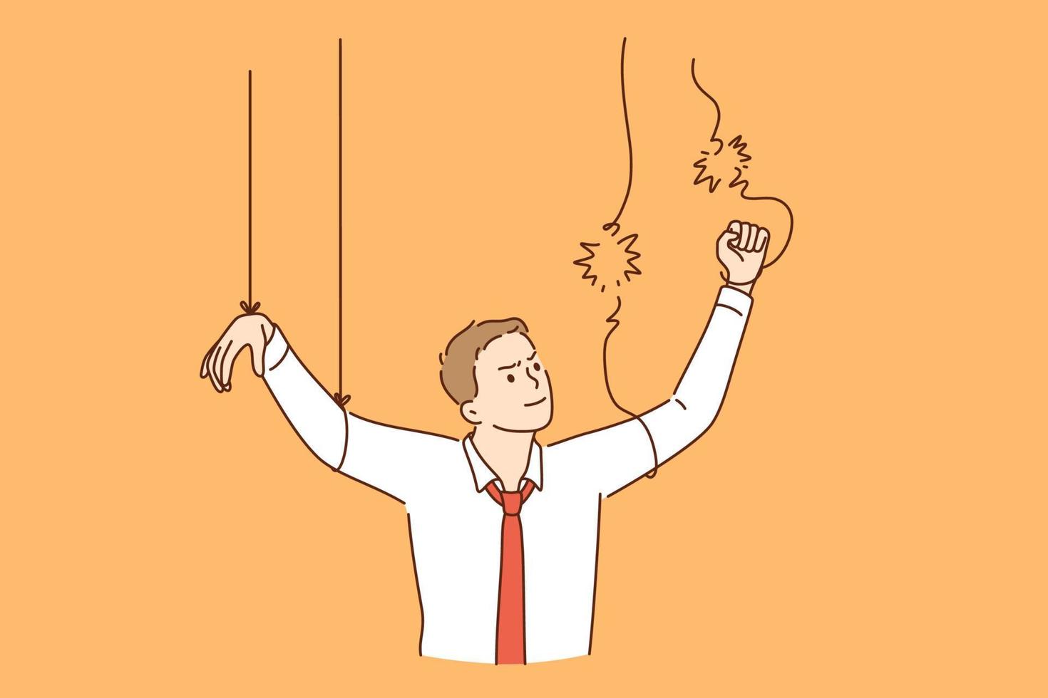 Freedom from work and independence concept. Young businessman marionette, puppeteer cartoon character using scissors to cut stripes and feeling independent vector illustration