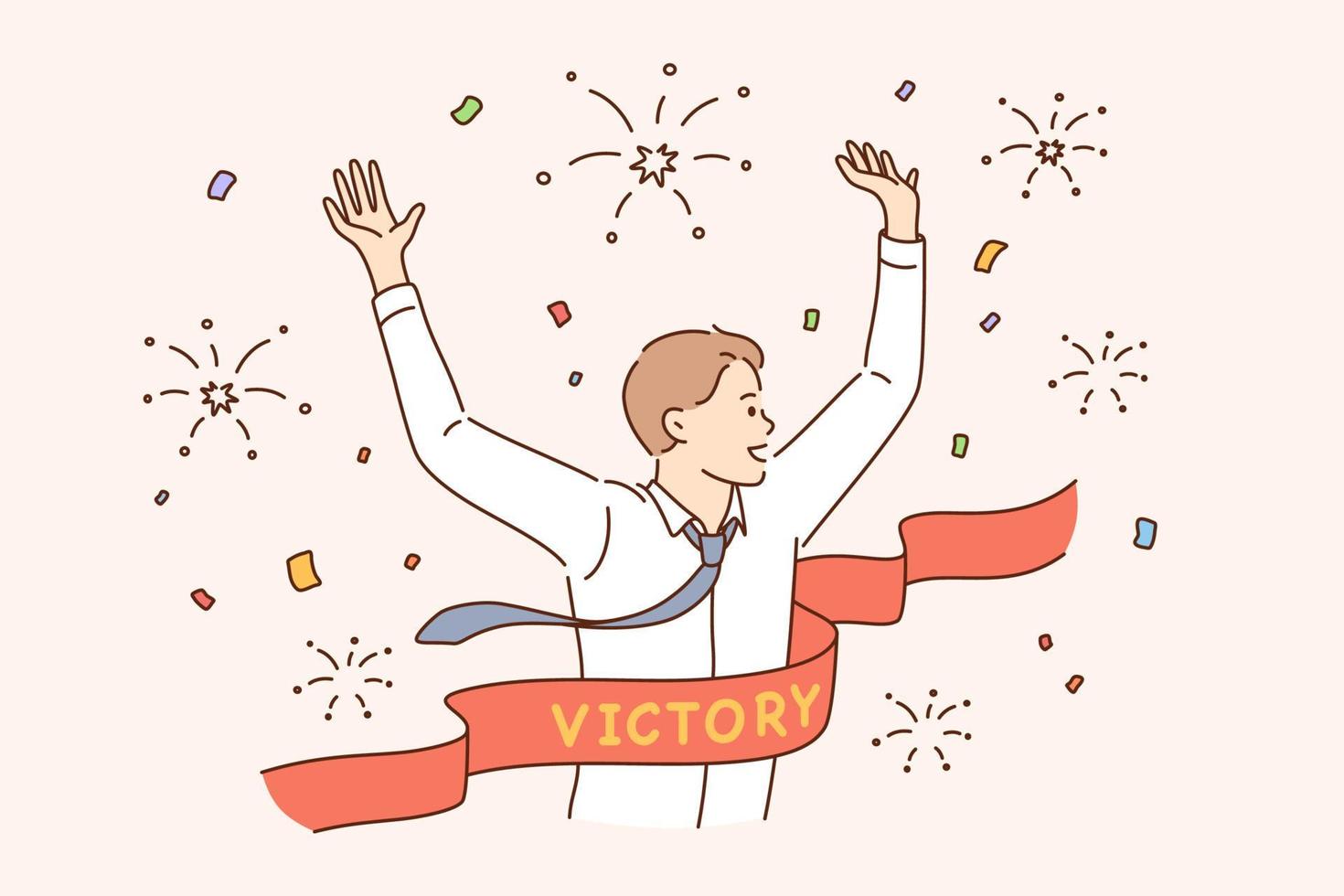 Business success, leadership, winner reaching goal concept. Young smiling businessman cartoon character running reaching goal celebrating victory at finishing line as first winner feeling happy vector