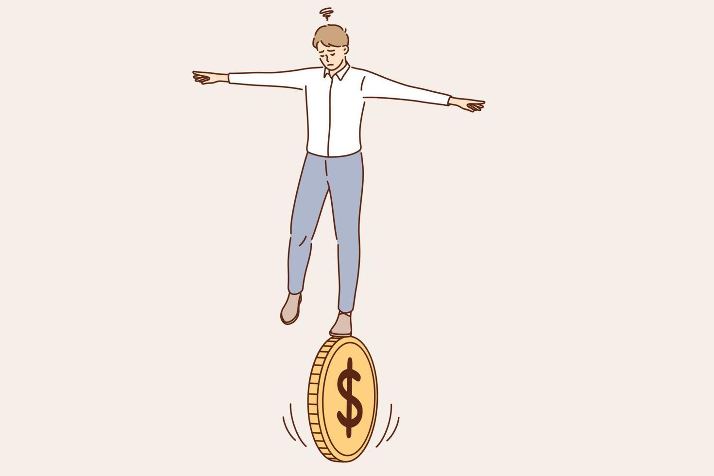 Business financial risk, balance of economics concept. Young businessman cartoon character standing balancing not to fail from walking on golden coin feeling doubt vector illustration