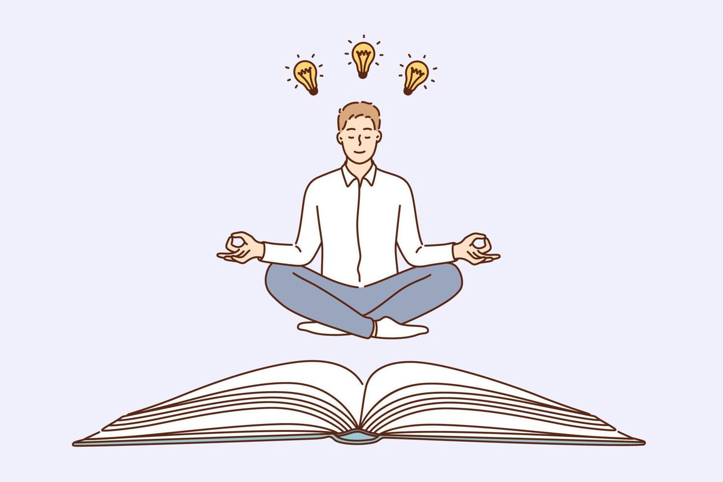 Having creative business idea concept. Young caucasian positive calm businessman cartoon character sitting on floor meditating with great ideas in head and light bulbs above vector illustration