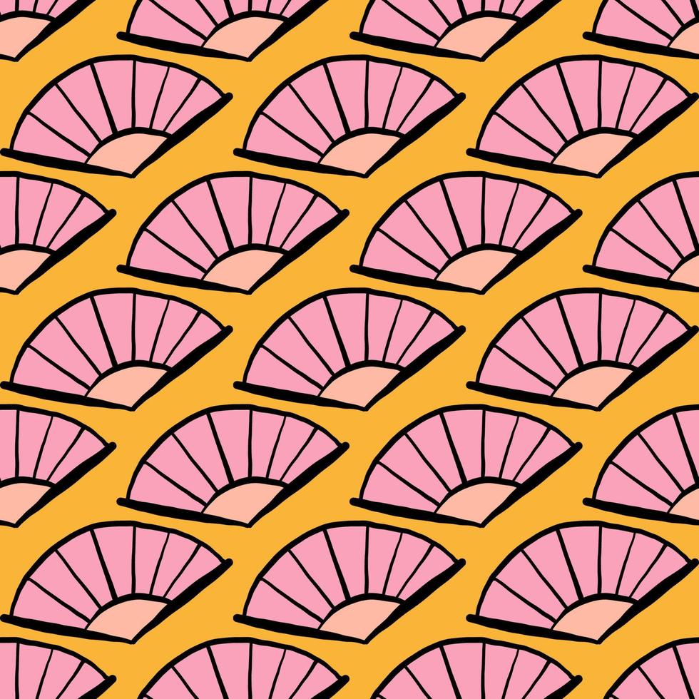 Pink fans ,seamless pattern on dark yellow background. vector