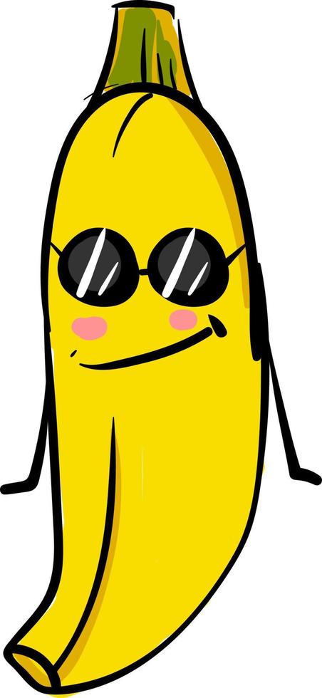 Banana wearing sunglasses, illustration, vector on white background.