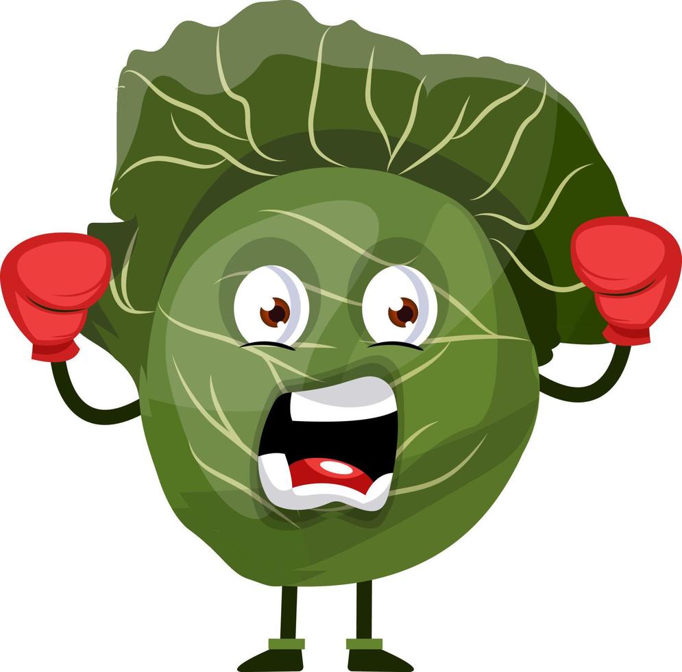 Yelling cabbage with boxing gloves, illustration, vector on white background.