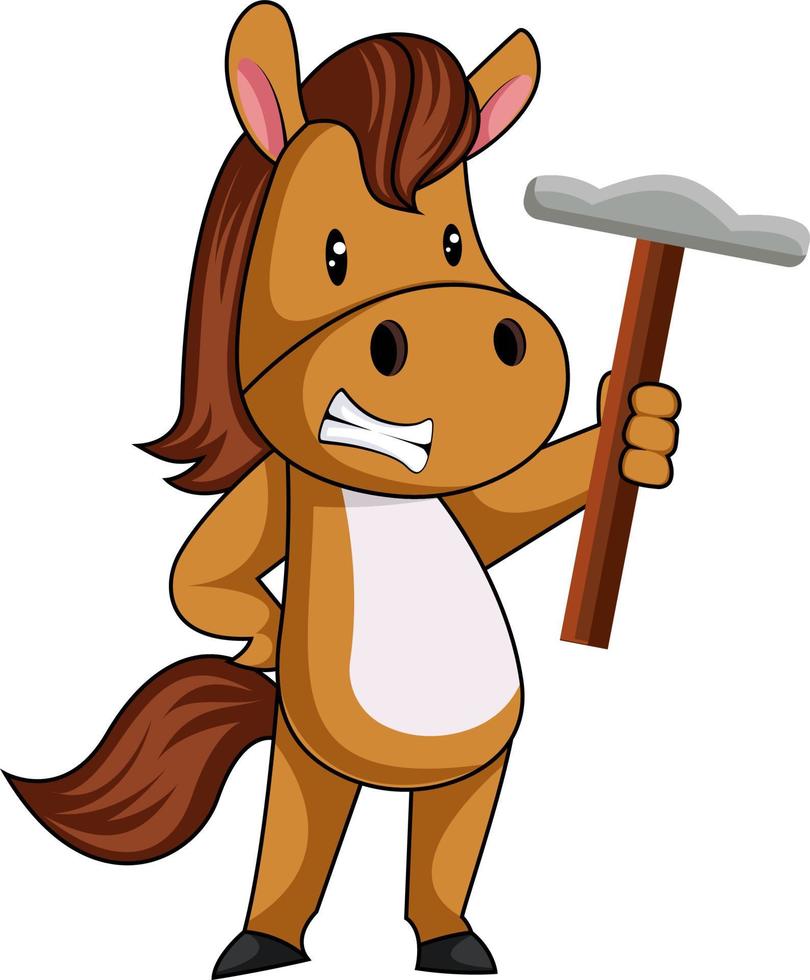 Horse with hammer, illustration, vector on white background.