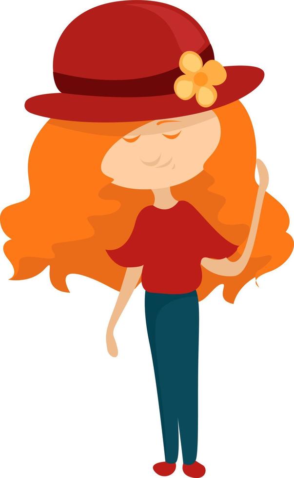 Chica de pelo rojo con un sombrero rojo, ilustración, vector sobre fondo blanco.