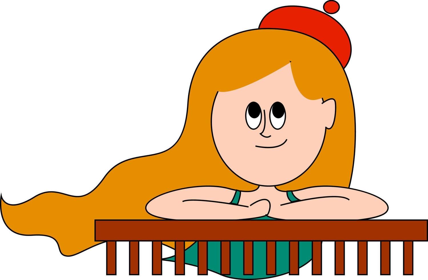 Blonde girl wearing a red hat, illustration, vector on white background.