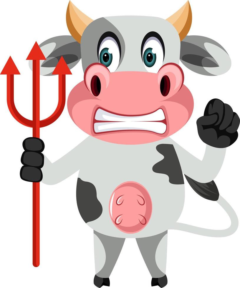 Cow with devil spear, illustration, vector on white background.