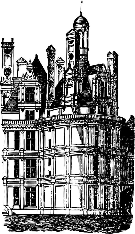 castillo de chambord, uno de los castillos más reconocibles, grabado antiguo. vector