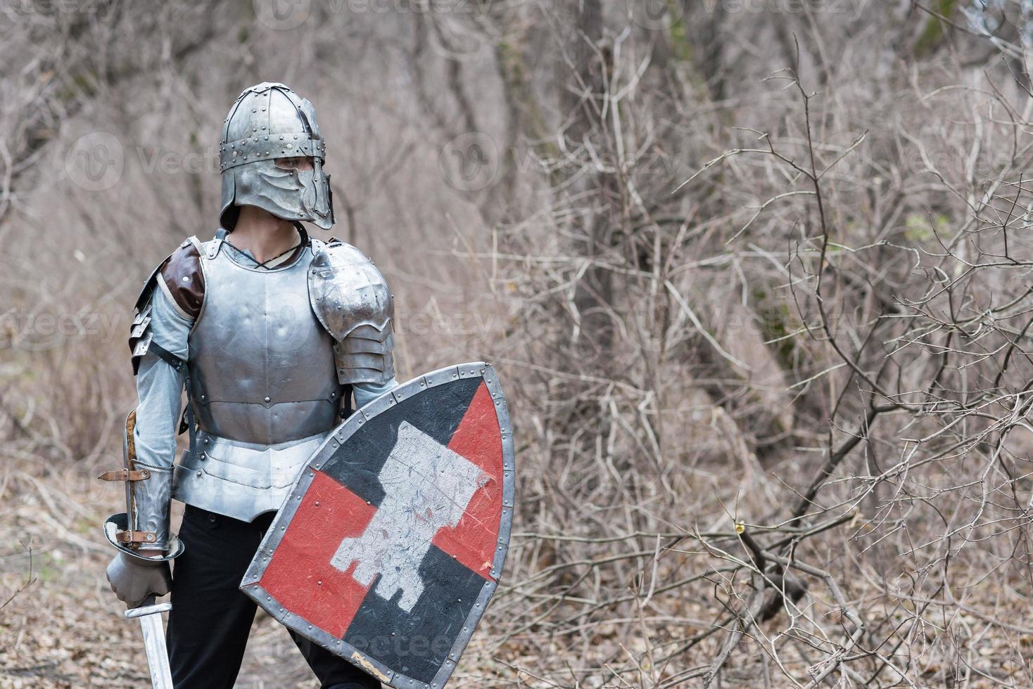 noble guerrero. retrato de un guerrero medieval o caballero con armadura y casco con escudo y espada posando foto