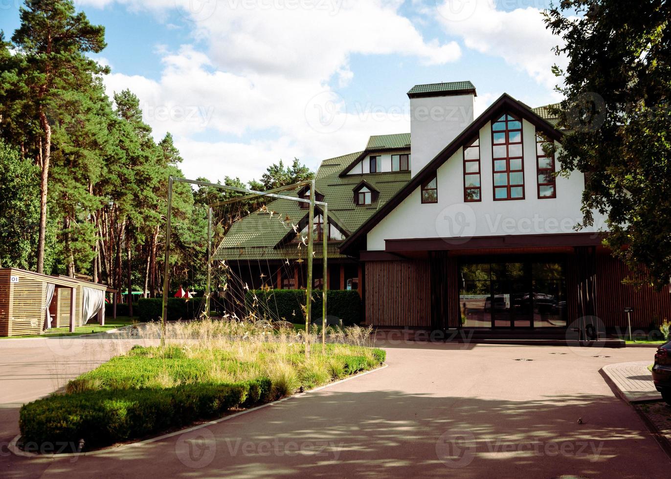 Breakfast served on terrace in outdoors restaurant pond in restaurant photo