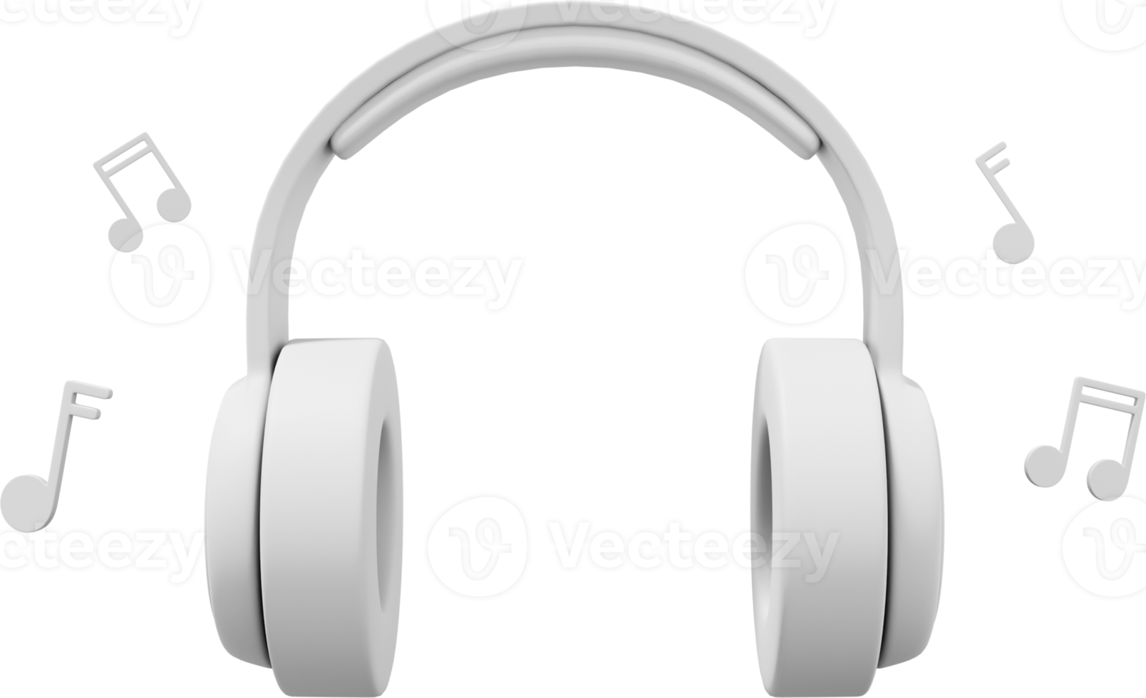 Wireless headphones and flying music notes front view. White PNG icon on a transparent background. 3D rendering.