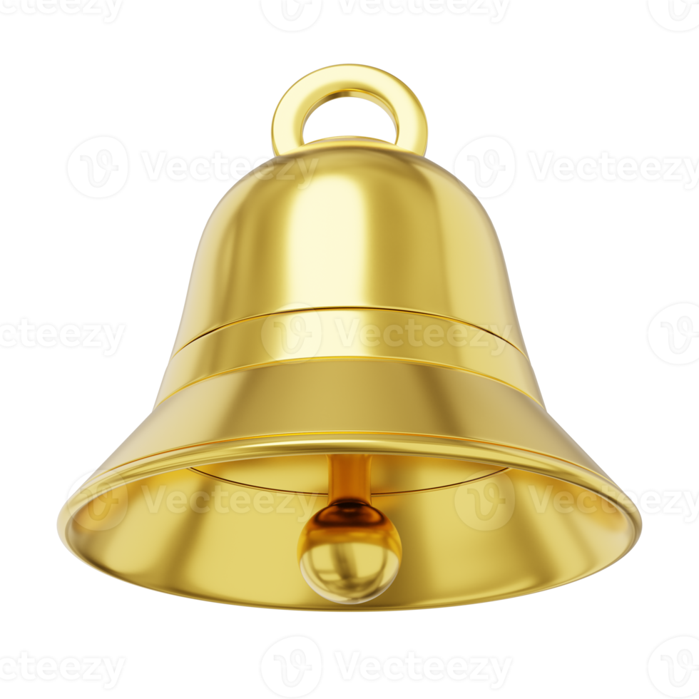 Bell metal gold, notification symbol. 3D rendering. PNG icon on transparent background.