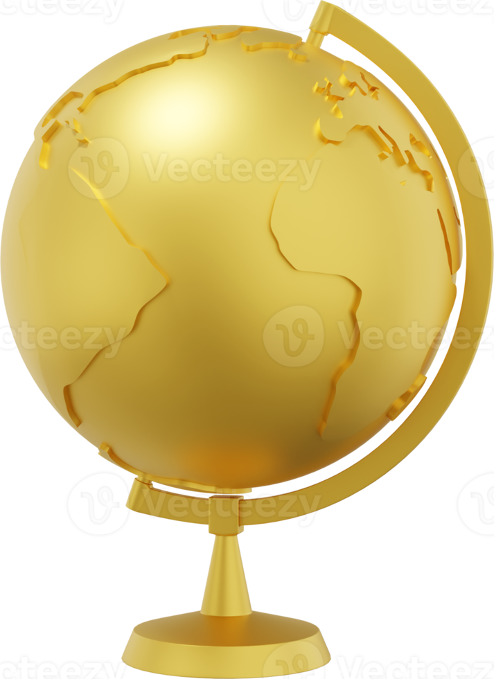 Globe Earth on a stand. Minimalist cartoon. Gold PNG Isolated icon on transparent background. 3D rendering.