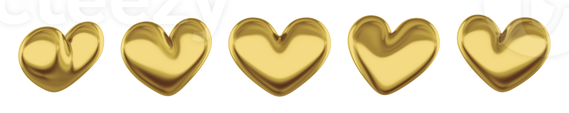 Set of gold stylized hearts. Views from different sides. 3D rendering. Symbol of love, likes, romance. PNG icon on transparent background.