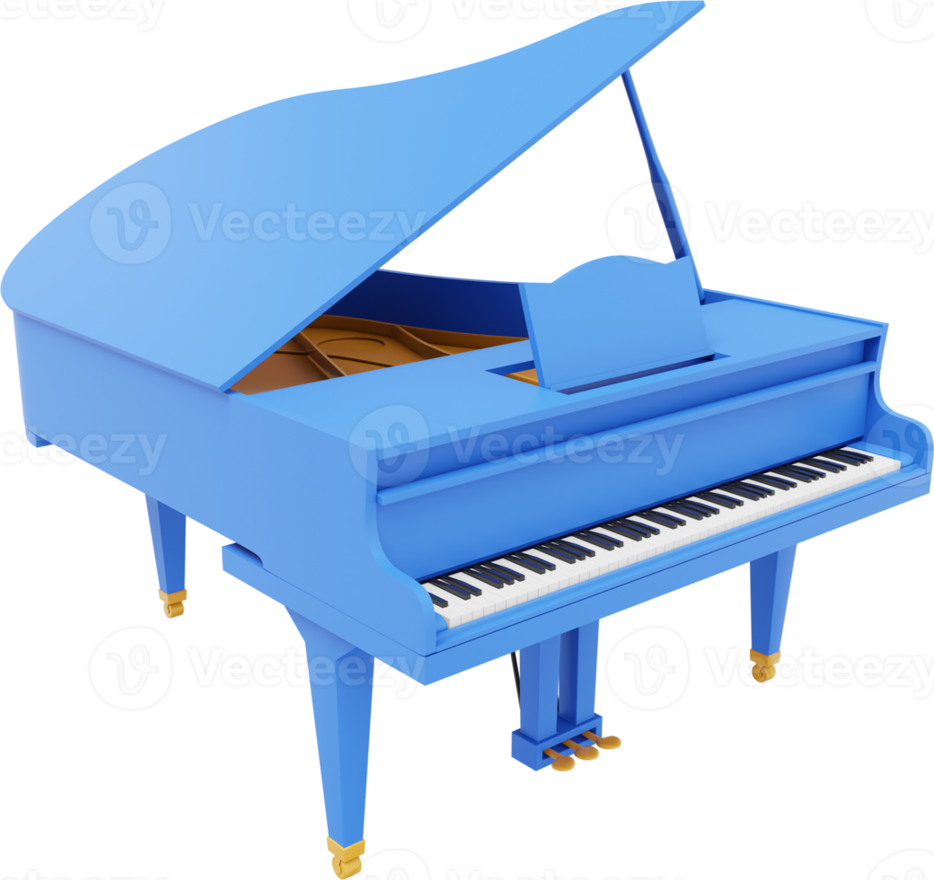 Blue grand piano, musical instrument. 3D rendering. PNG icon on transparent background.