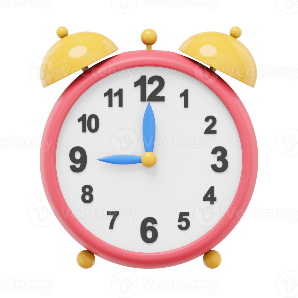 Multicolored vintage alarm clock. 3d rendering. PNG icon on transparent background.