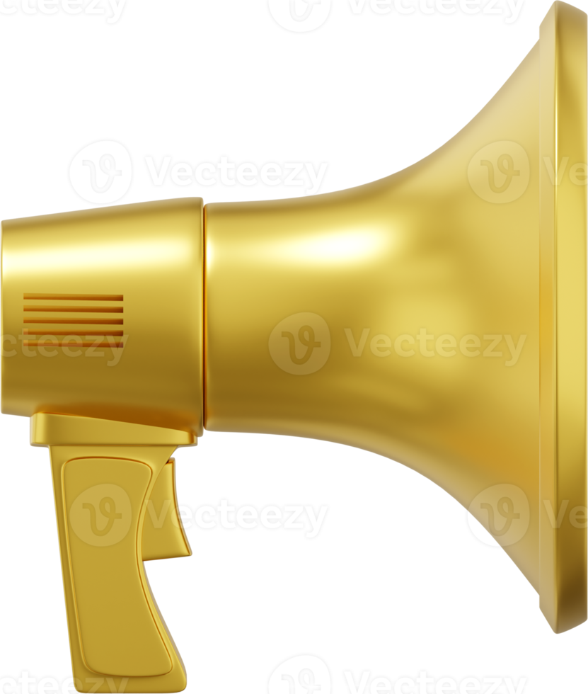 Megaphone realistic gold side view. PNG icon on a transparent background. 3D rendering.