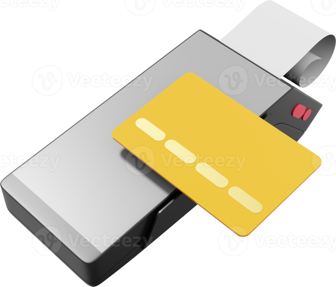 nfc pos terminal gprs point mit papierquittung und kreditkarte. Mockup-Bildschirm. Zahlungsmaschine. png auf transparentem Hintergrund. 3D-Rendering.