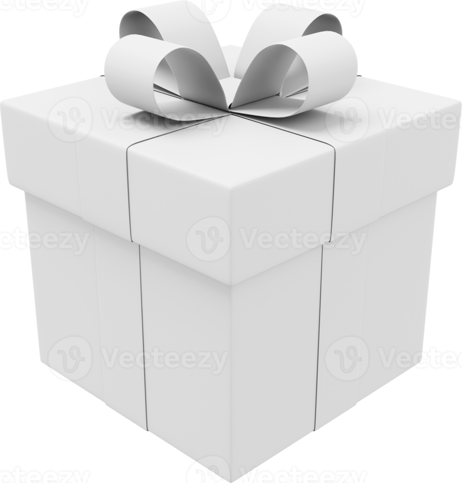 Realistic white gift box with ribbon. 3D rendering. PNG Icon on transparent background.