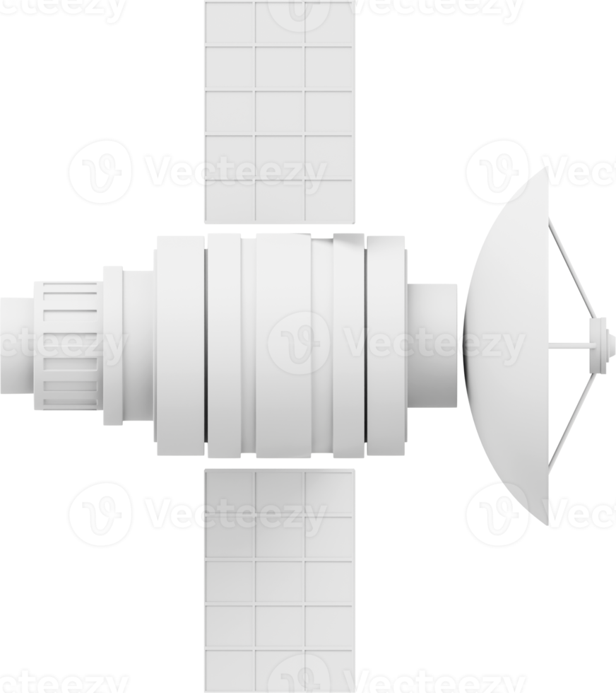 Space satellite with an antenna. Orbital communication station intelligence, research. 3D rendering. White PNG icon on transparent background.
