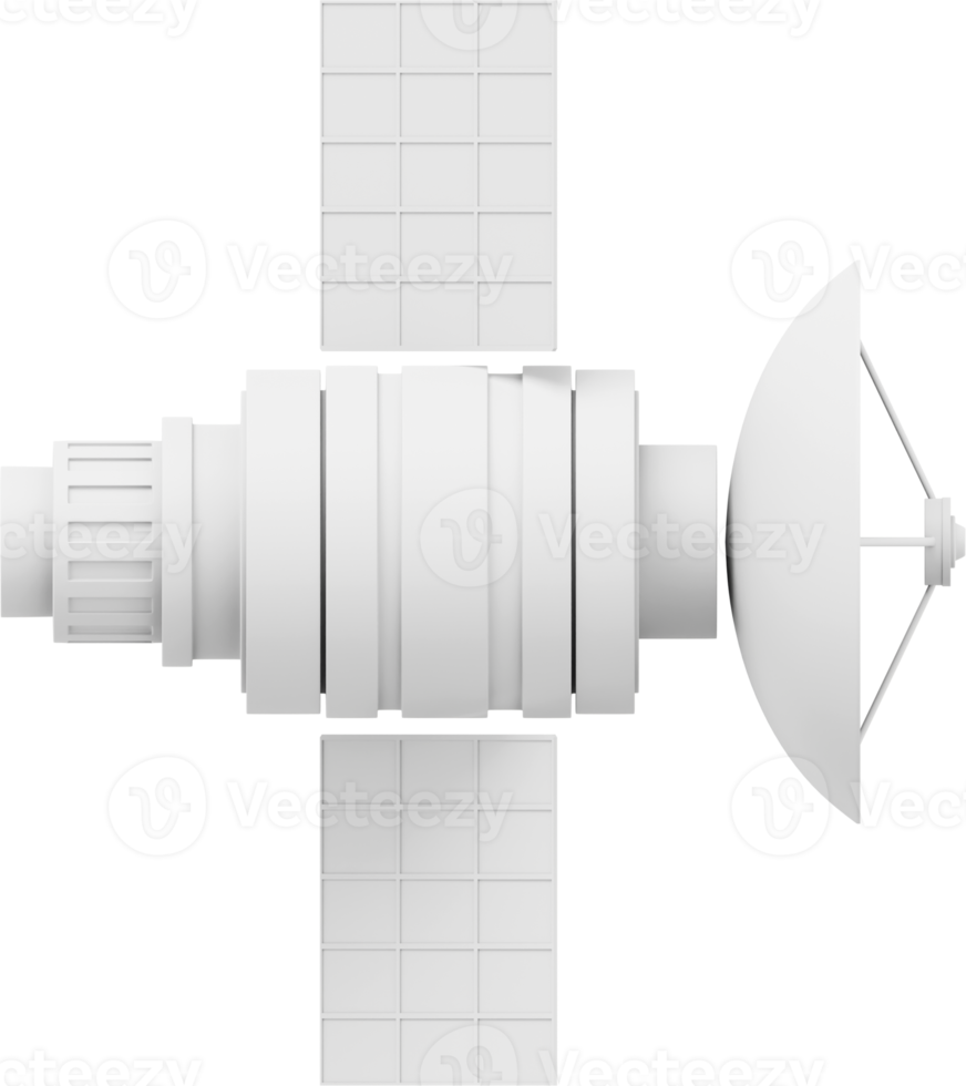 satélite espacial com uma antena. inteligência de estação de comunicação orbital, pesquisa. renderização 3D. ícone png branco em fundo transparente.