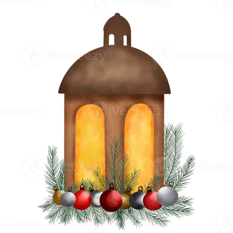 lanterna de natal com bolas de natal e galhos de pinheiro png