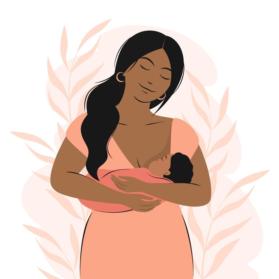 amamantamiento. mujer negra alimentando a un bebé. familia, salud, concepto de maternidad, feliz día de la madre. ilustración vectorial plana. vector