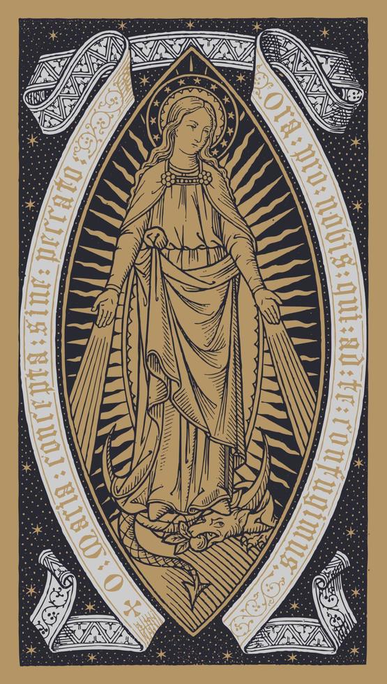 Our Lady of the Miraculous Medal. Vintage woodcut. Mother Mary vector