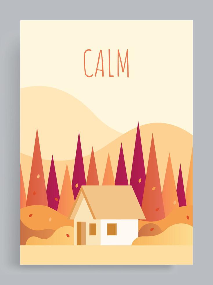 Autumn vector illustrations with a warm, hygge and cozy atmosphere. Vector of a cozy house in the middle of a quiet pine forest. Suitable for poster, book cover, brochure, magazine, social media.