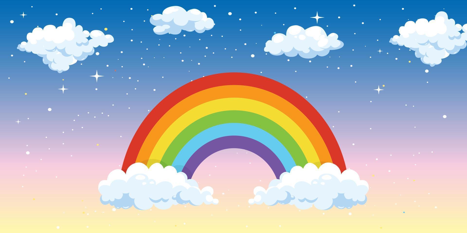 arco iris de colores con nubes y estrellas, con malla de degradado, ilustración vectorial vector