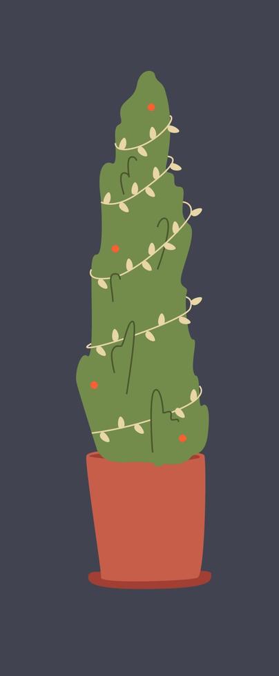 pine tree in the bucket with a christmas decoration. Garden decoration light xmas vector