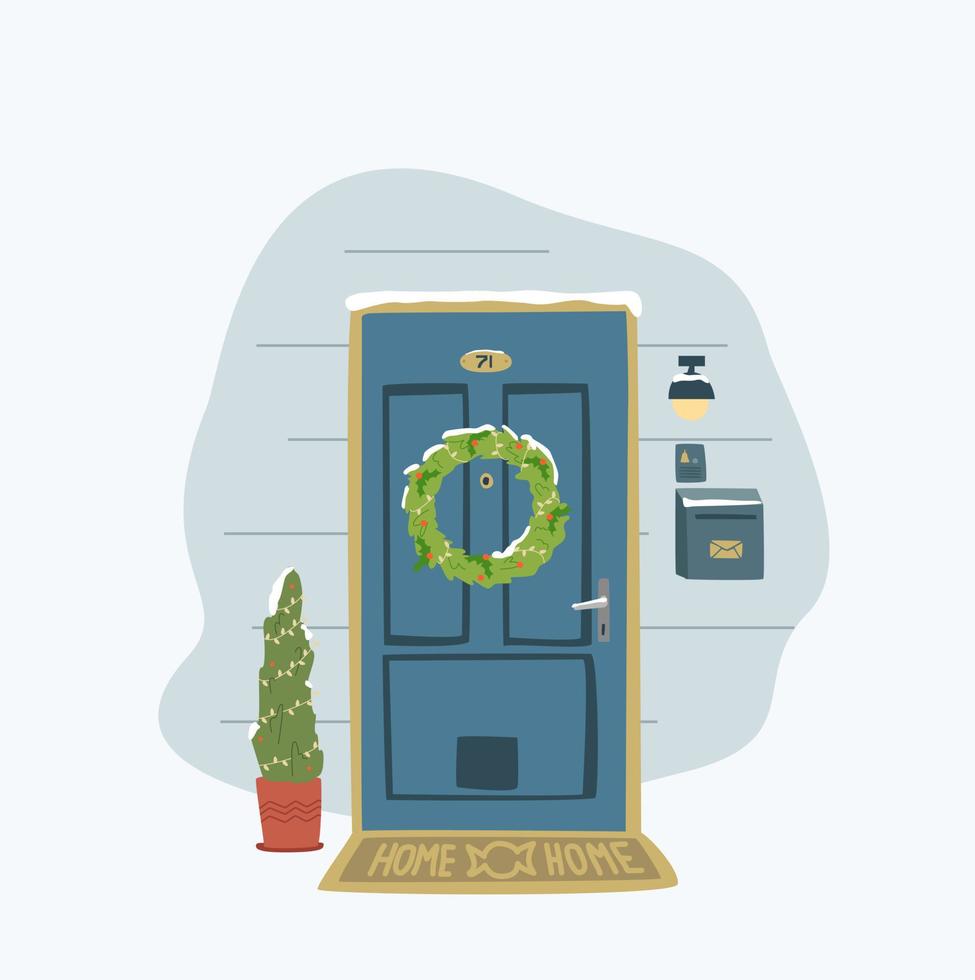 X-Mas decorated home front door. Christmas tree by the house door with Wreath and Deco for party. Postcard, invitation or poser for new year and Merry Christmas. vector