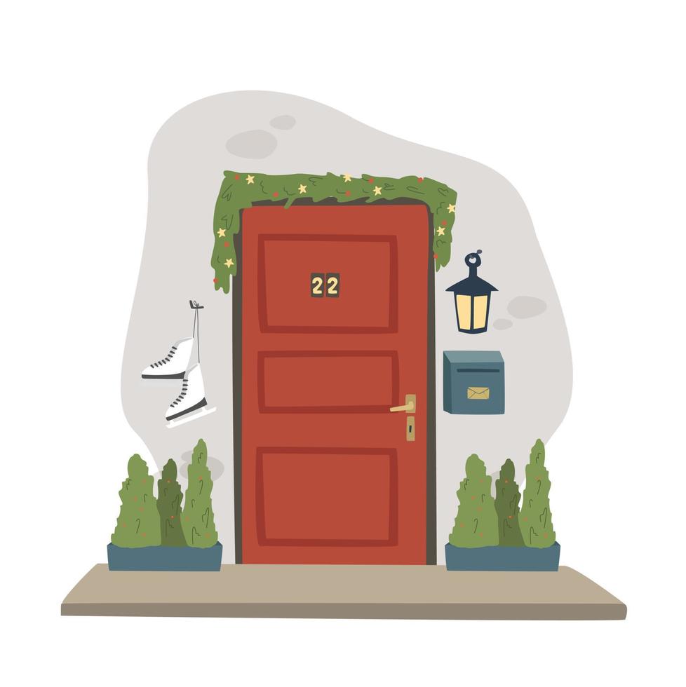 X-Mas decorated home front door. Christmas tree by the house door with Wreath and Deco for party. Postcard, invitation or poser for new year and Merry Christmas. vector