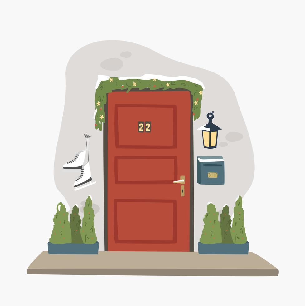 Puerta de entrada de casa decorada con Navidad. árbol de navidad junto a la puerta de la casa con corona y decoración para la fiesta. postal, invitación o poser para año nuevo y feliz navidad. vector