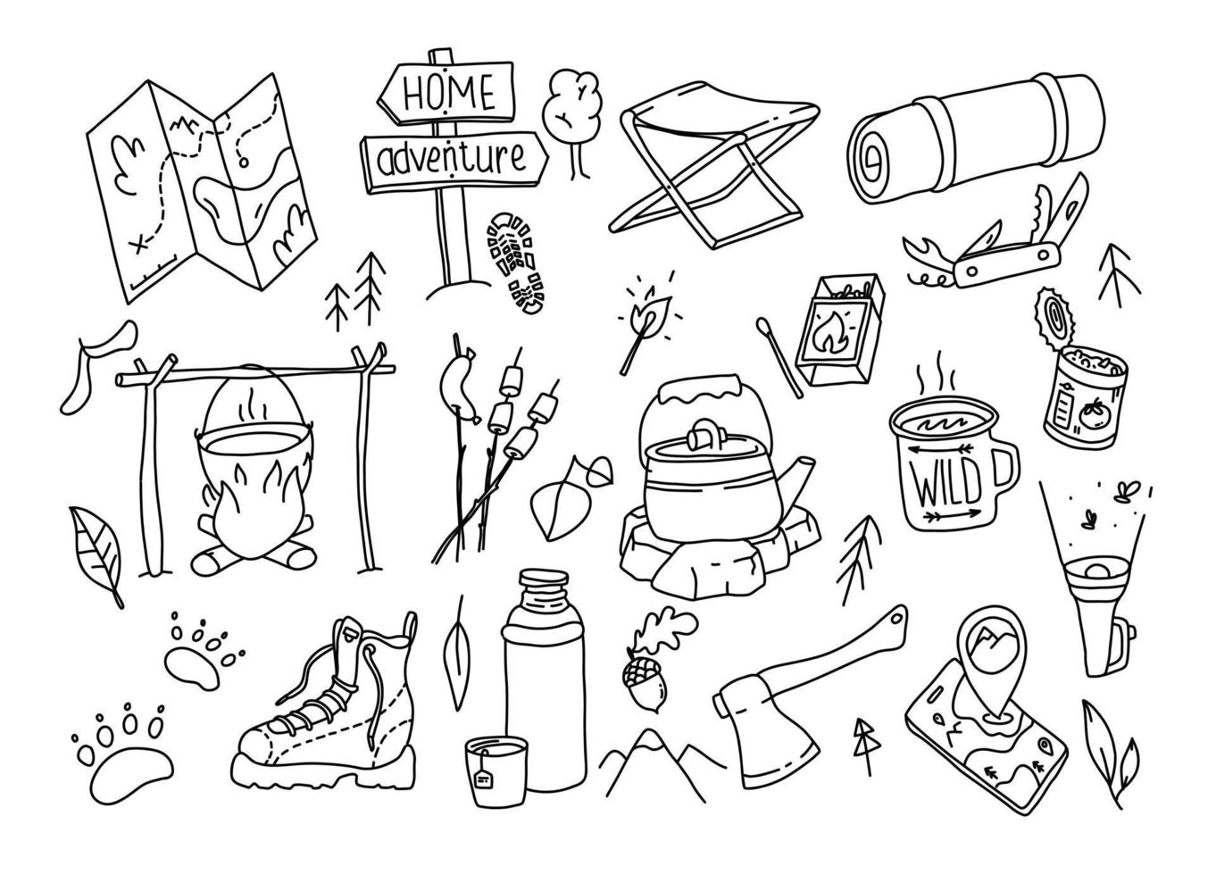 Camping outdoor doodle set. Hand drawn hiking illustration.  Wild adventure equipment. Navigation and camp cartoon simple vector collection.