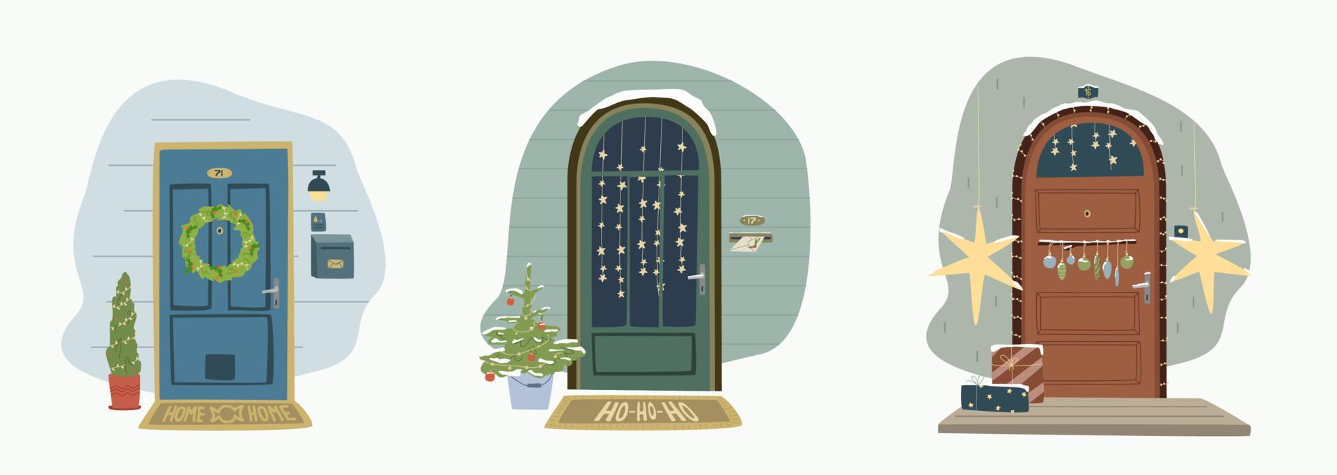 Set ith X-Mas decorated home front doors. Christmas tree by the house door with Wreath and Deco for party. Postcard, invitation or poser for new year and Merry Christmas. vector