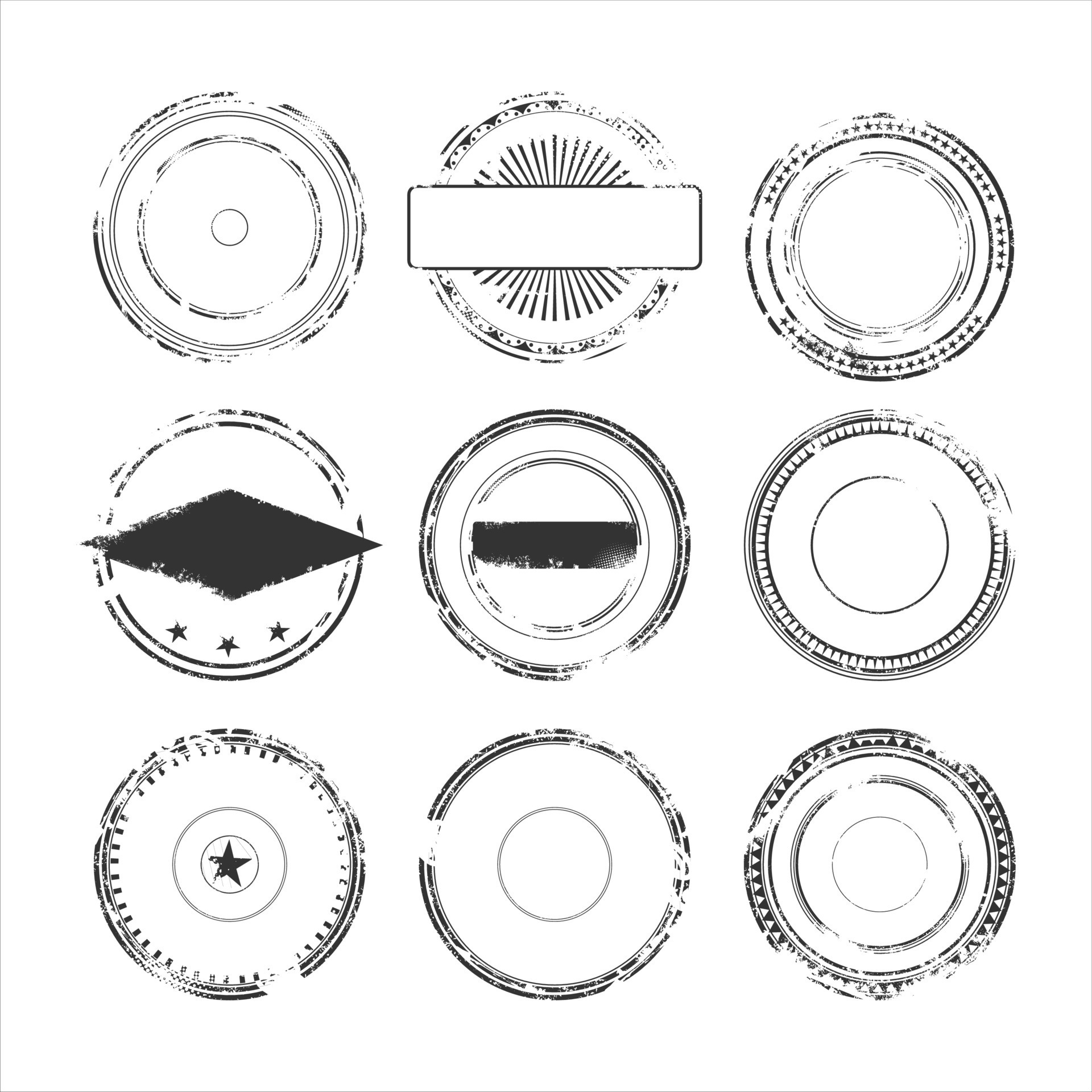 Collection of black round stamp grunge ink rubber labels sign isolated