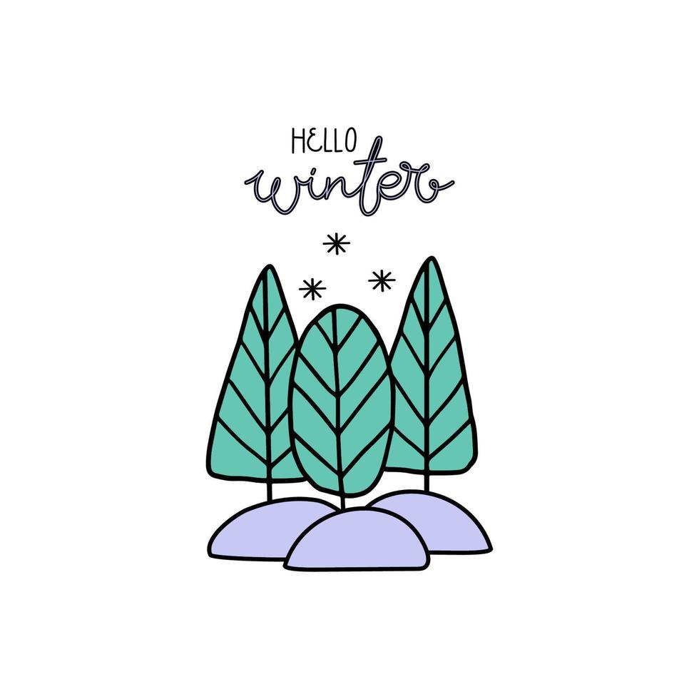 ilustración festiva con el mensaje hola, invierno. frase de inspiración de invierno dibujada a mano. vector