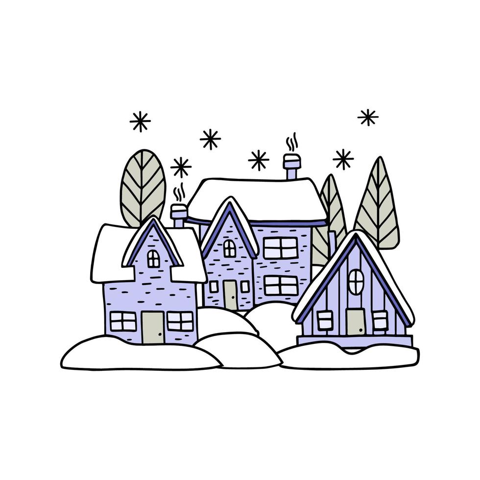 Winter houses in snowdrifts. Happy weekends or holidays in a private home. Perfect for postcard, banner, poster, social media story or print. Vector illustration.