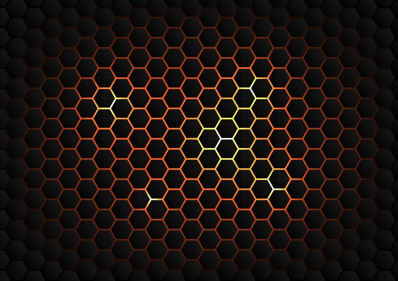 Modern technology abstract vector background in bee honeycombs or hive cells. Orange and yellow hexagonal shape on black background.