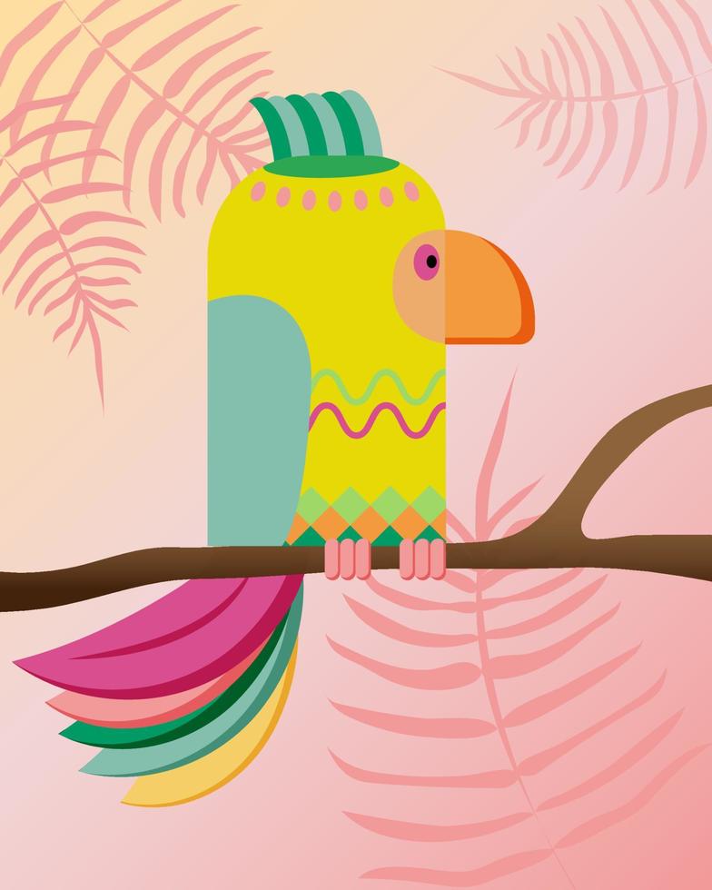 Colourful funny Bird, parrot, ara. Cartoon flat style. Tropical leaves, jungle forest. Vector illustration.