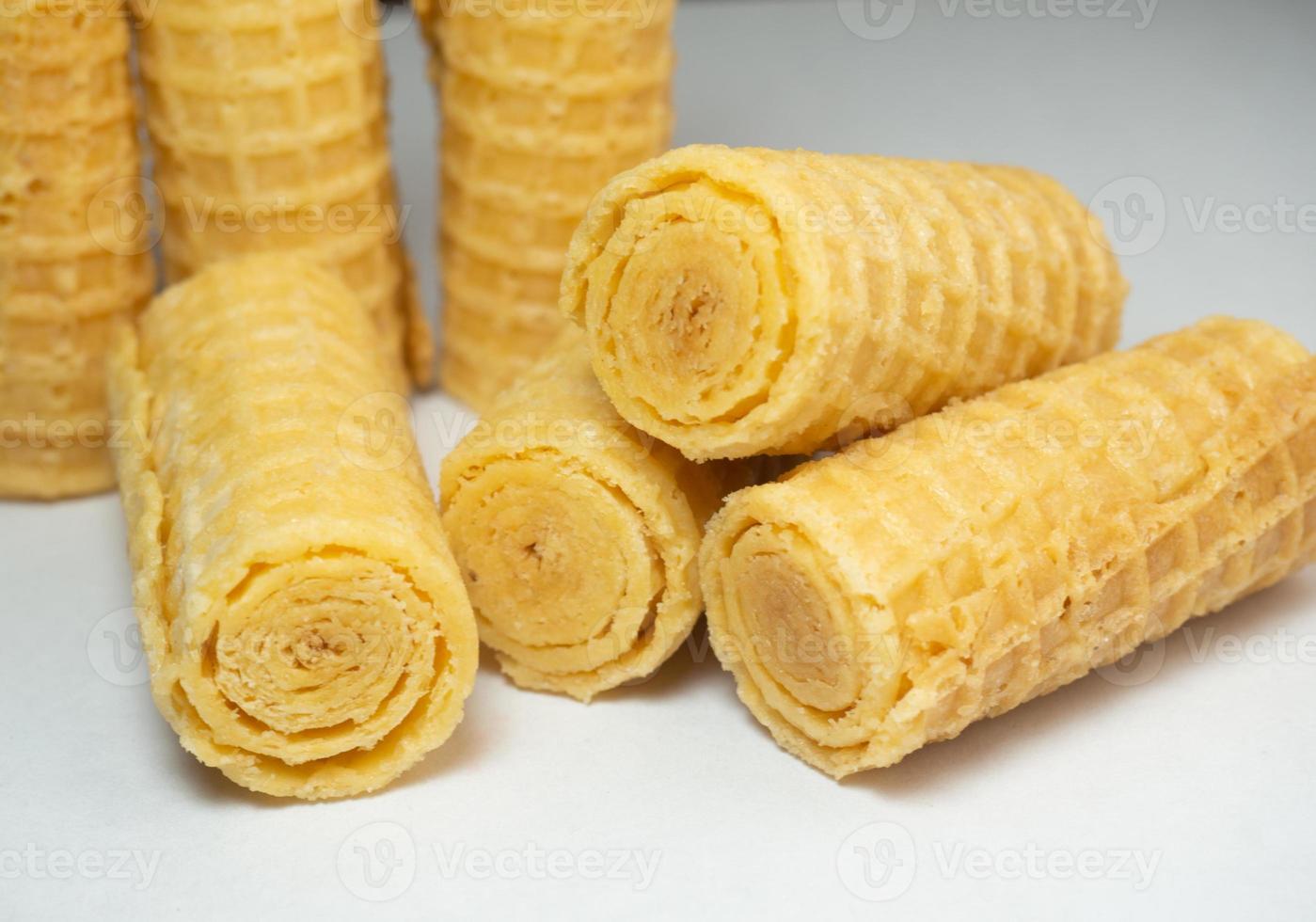 Wafer rolls. Confectionery. Cookies for tea. Variety of waffles. Product with stuffing inside. photo