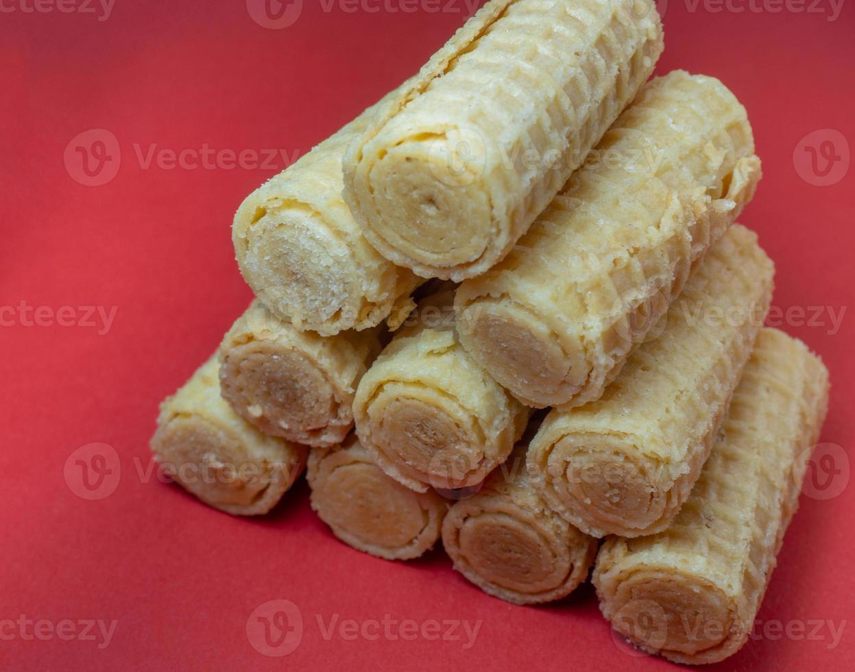 Wafer rolls. Confectionery. Cookies for tea. Variety of waffles. Product with stuffing inside. photo