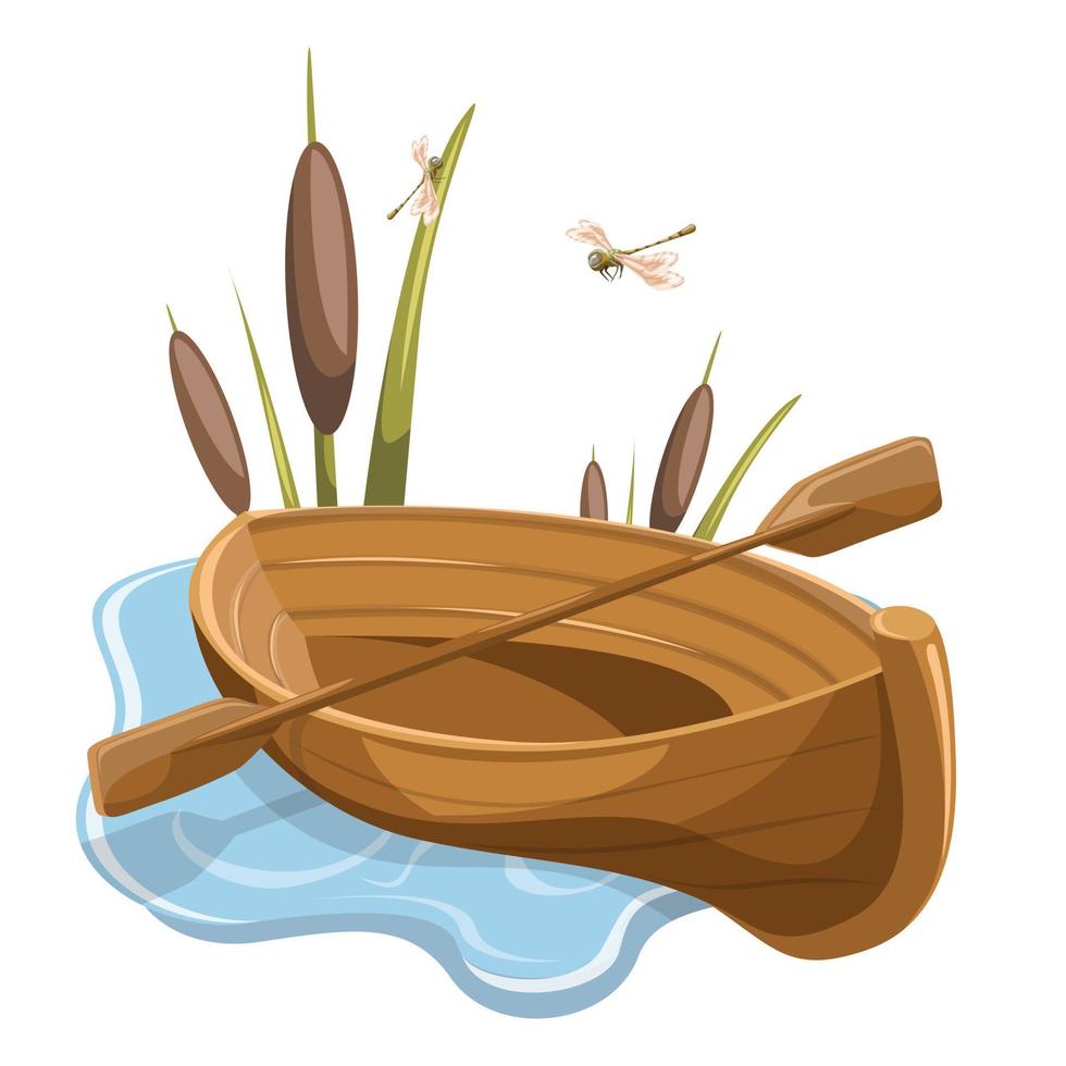 Vector image of a boat with oars laid up near the shore in the reeds. Cartoon. EPS 10