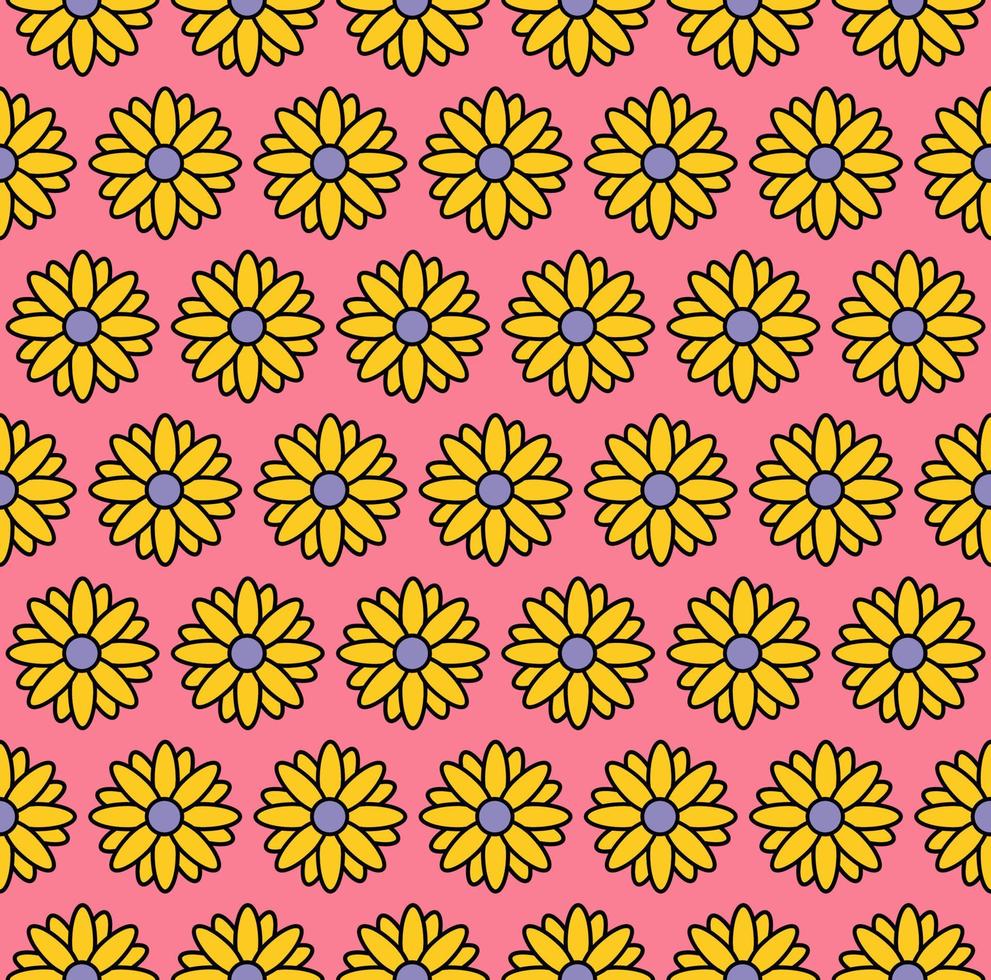 groovy background. Seamless bright repeat pattern of simple blooming flowers in 1970s psychedelic hippie style. graphic decor ornament in retro design. vector illustration