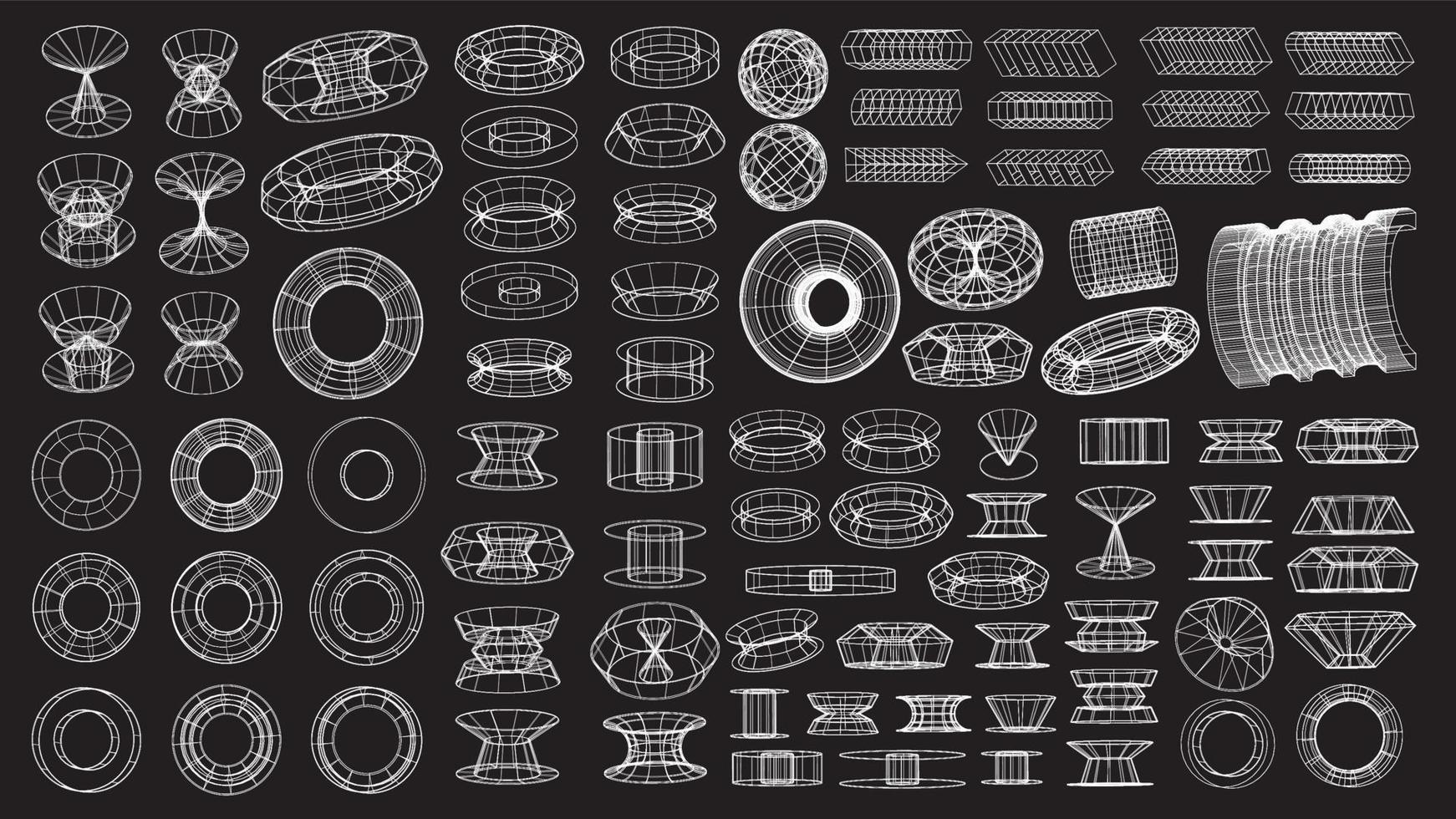 Set of abstract geometric technology elements in cyberpunk style. Retro vintage collection 3d virtual digital design. Texture 80s vr. Futuristic metaverse pattern. Vector isolated template background
