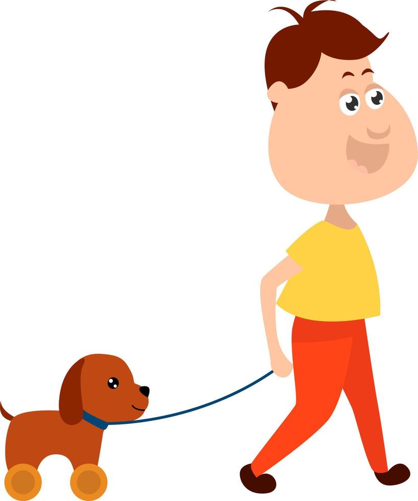 Boy walking a dog, illustration, vector on white background