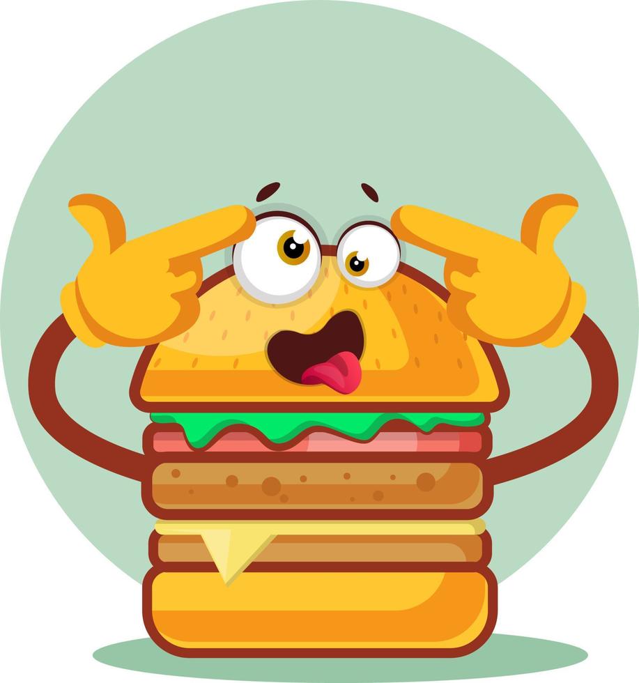 Burger is feeling crazy, illustration, vector on white background.